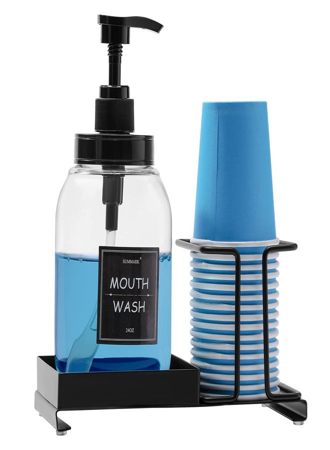 Summark Mouthwash Dispenser for Bathroom,Mouth Wash Pump Bottle with Stainless Steel Cup Holder,24 OZ Refillable Clear Mouthwash Container,BPA Free,Black - Image 1
